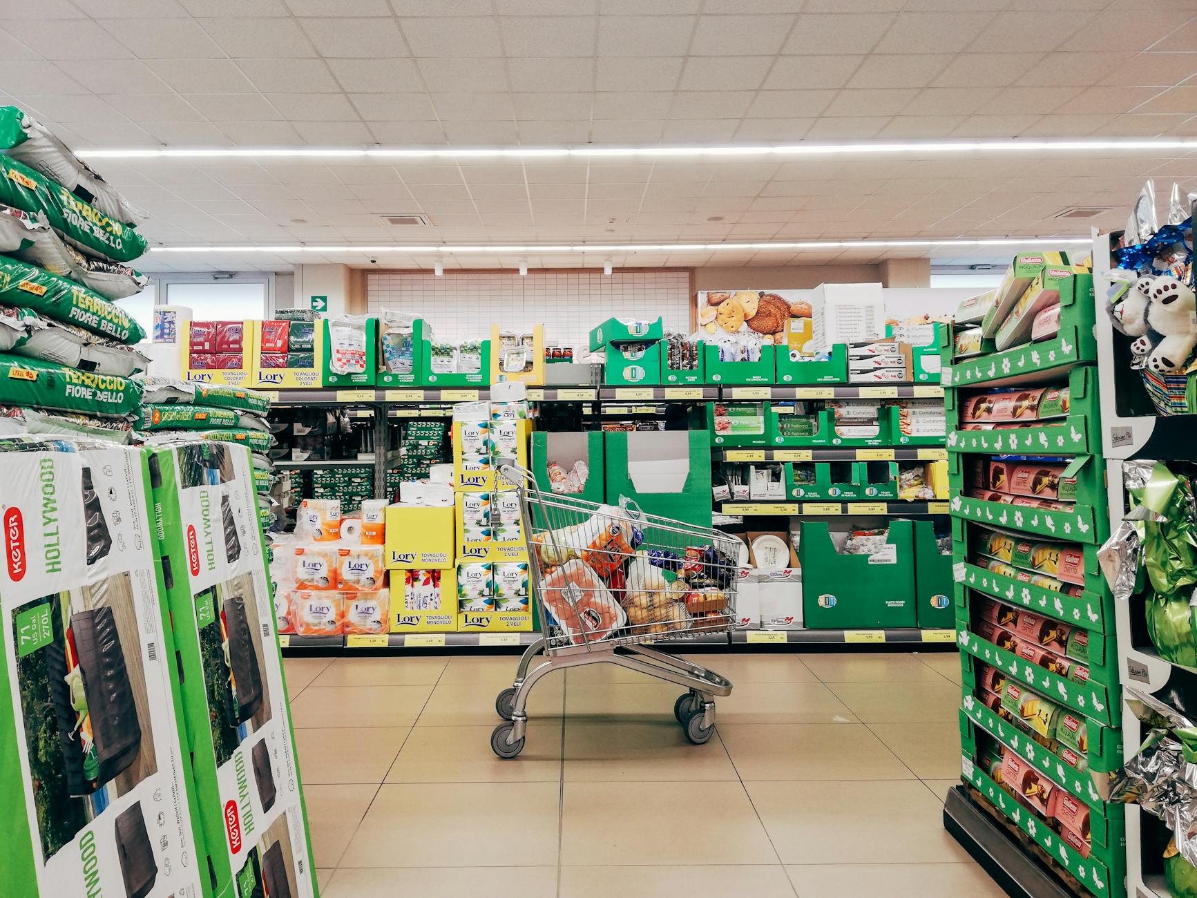 grocery store aisle view from a shopping cart with a clear organized list on a phone screen and unit price tags visible on shelves