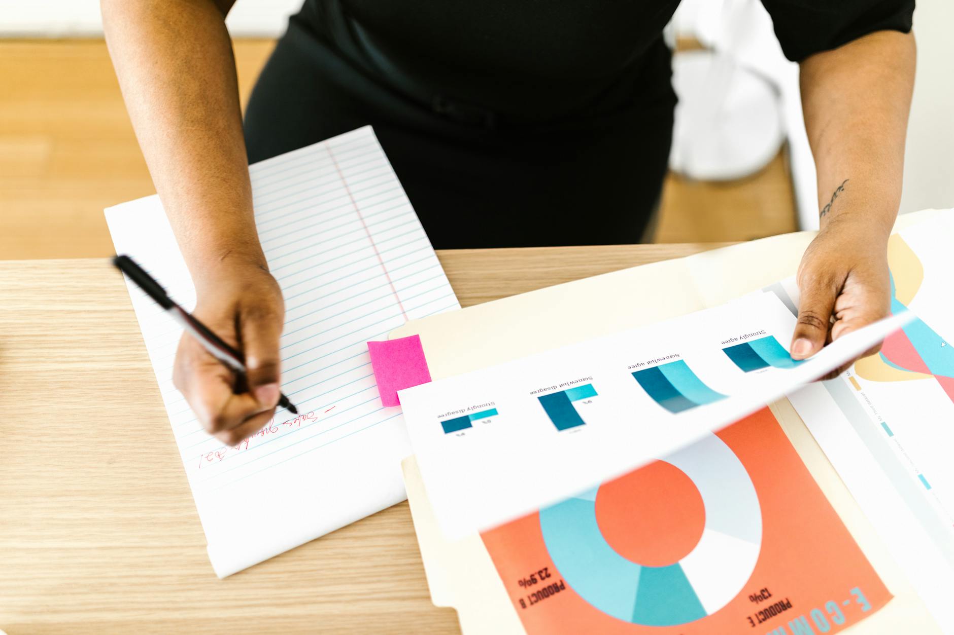 Which is the Best AI PM Tool?: Monday.com vs Asana vs ClickUp 3 organized workspace showing a document page linked to tasks and a dashboard with charts, photographed over a desk with notebook and pen