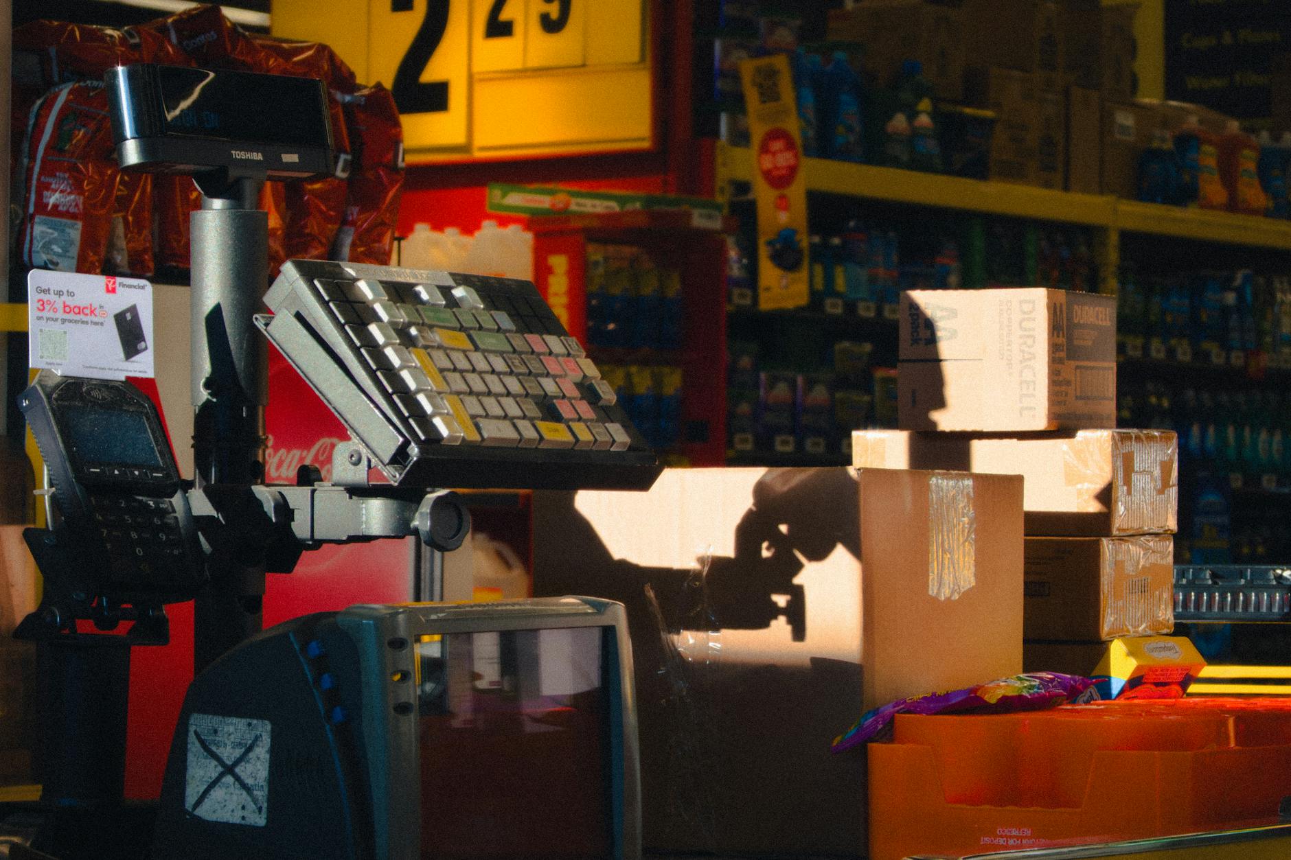 wide shot of a neat customer service area with return bins, barcode scanners, and a sign reading “Returns & Exchanges,” softly lit and modern