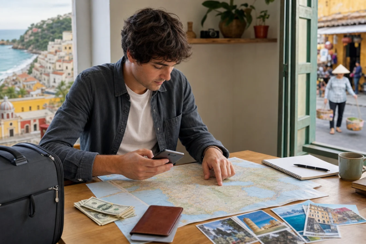 Traveler planning an international trip with a map, cash, and passport beside a suitcase