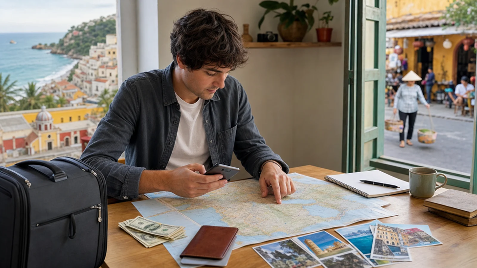 Traveler planning an international trip with a map, cash, and passport beside a suitcase