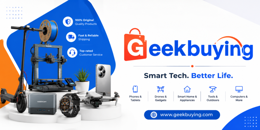 Geekbuying Coupon Codes 2026 1 Geekbuying logo with smart tech products and the tagline “Smart Tech. Better Life.”