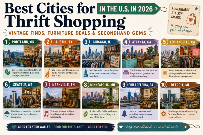 Infographic ranking the 10 best U.S. cities for thrift shopping in 2026, with