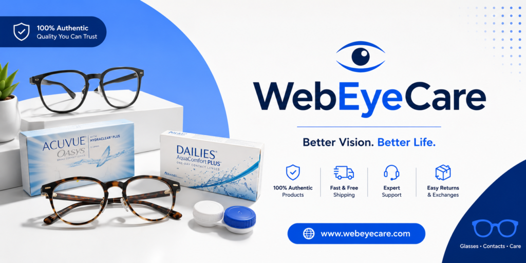 WebEyeCare Discounts & Verified Vision Savings 1 WebEyeCare logo with eyeglasses and contact lens boxes, promoting authentic products, fast free shipping, support, and easy returns