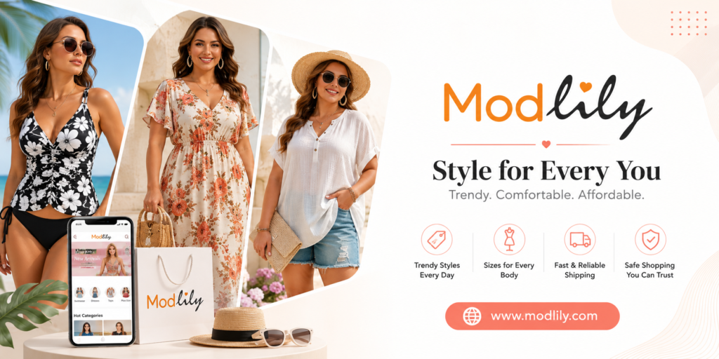 Modlily fashion ad with swimwear, dresses, and casual summer outfits; “Style for Every You” and www.modlily.com
