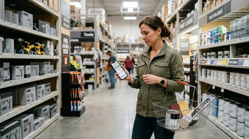 Home Depot Savings: A Complete Guide to Coupons, Weekly Deals & Exclusive Offers in the USA 2 Shopper checking Home Depot coupons and savings offers on a smartphone